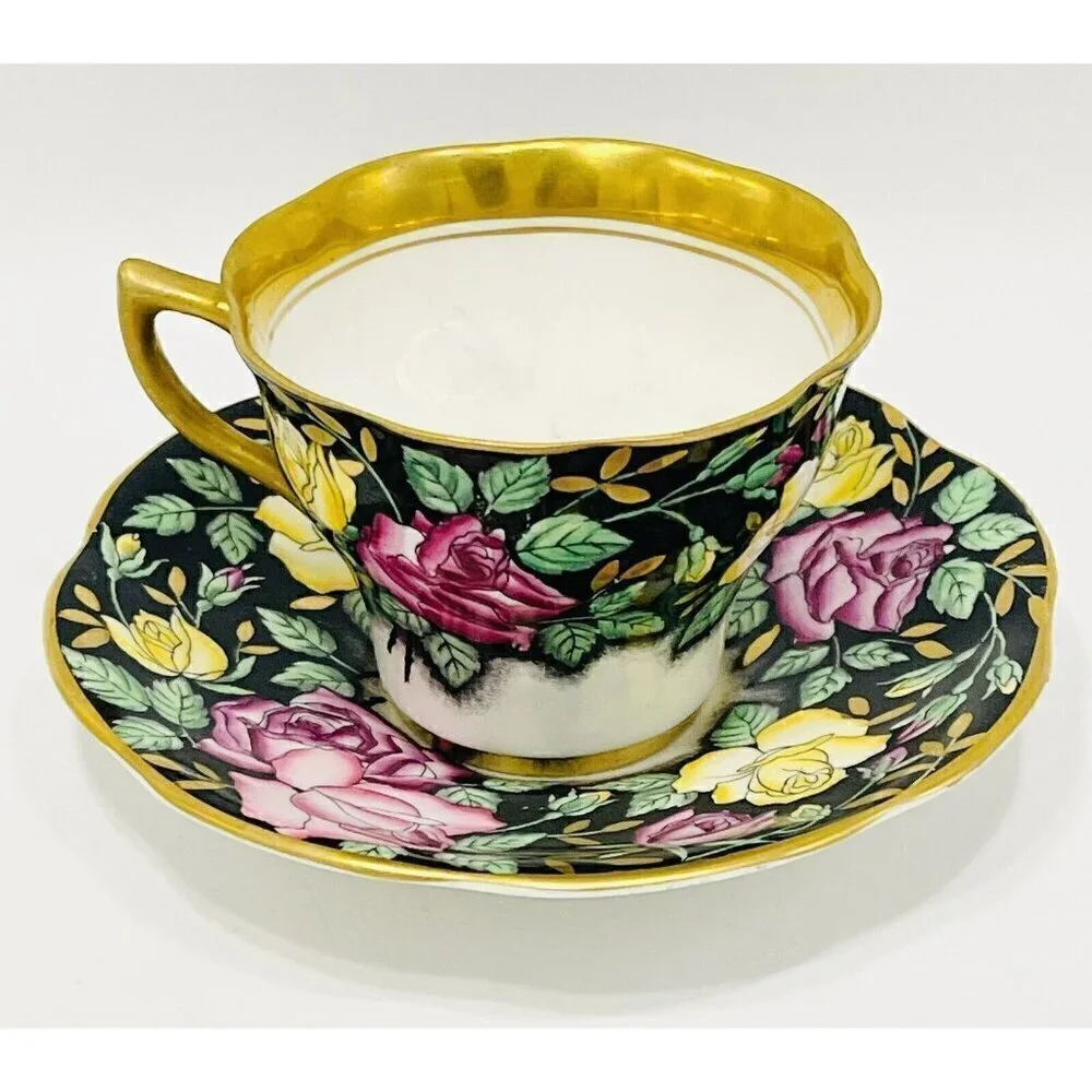 Vintage Rosina Pink & Yellow Roses Black & Gold Tea Cup & Saucer 4861 Bone China